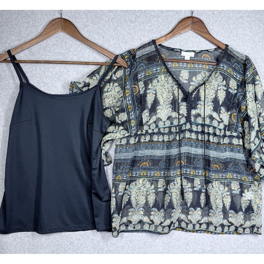 Westport 1962 Blouse Women M Navy Blue Gold Excellent Boho Sheer Flutter Sleeve